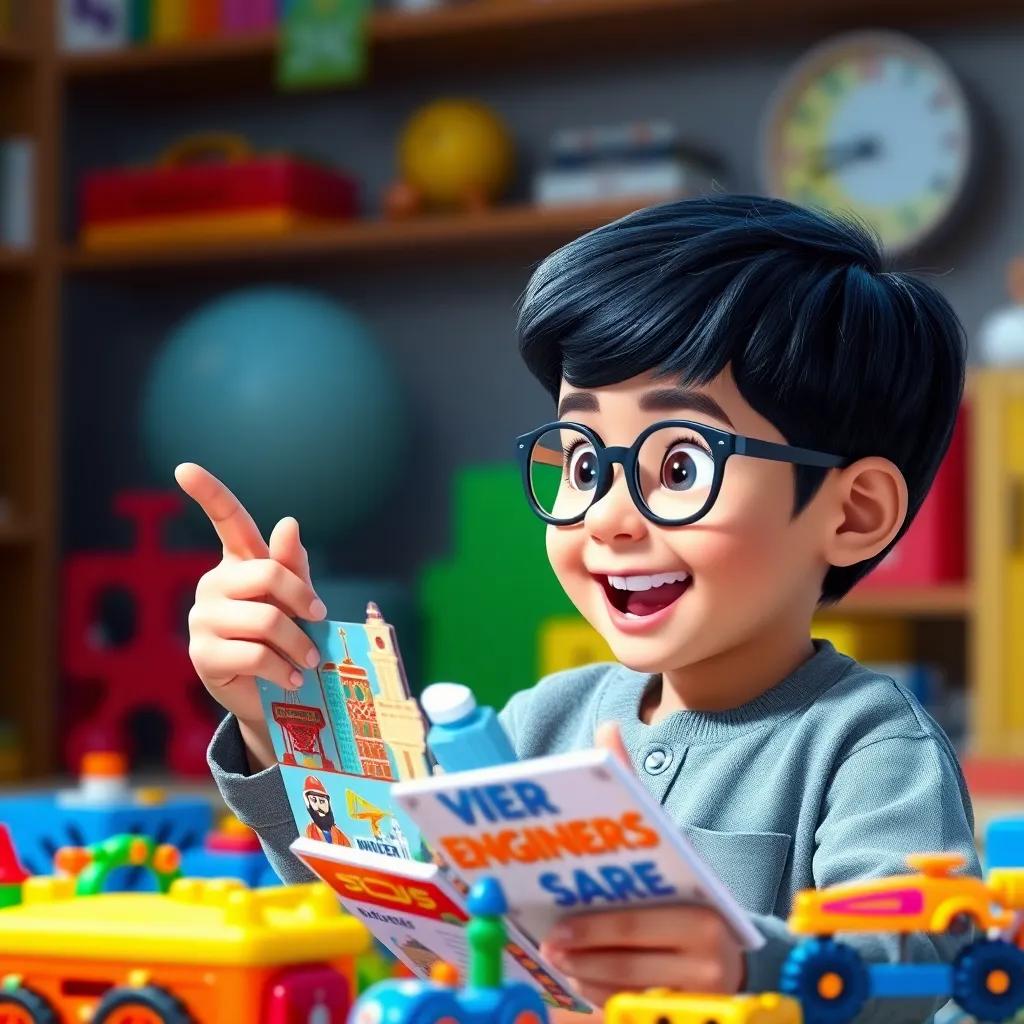 A young Arab boy, Sami, with short black hair and glasses, excitedly pointing at a colorful booklet with pictures of engineers and big buildings, surrounded by colorful toys, joyful atmosphere, bright colors, cheerful setting, high quality
