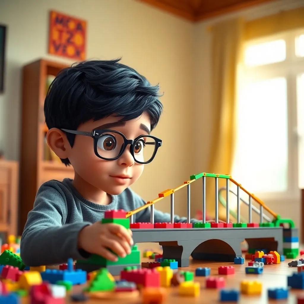 A young Arab boy, Sami, with short black hair and glasses, building a bridge with colorful LEGO pieces in a sunny room, determination on his face, scattered LEGO pieces around him, colorful, vibrant lighting, playful mood, high quality