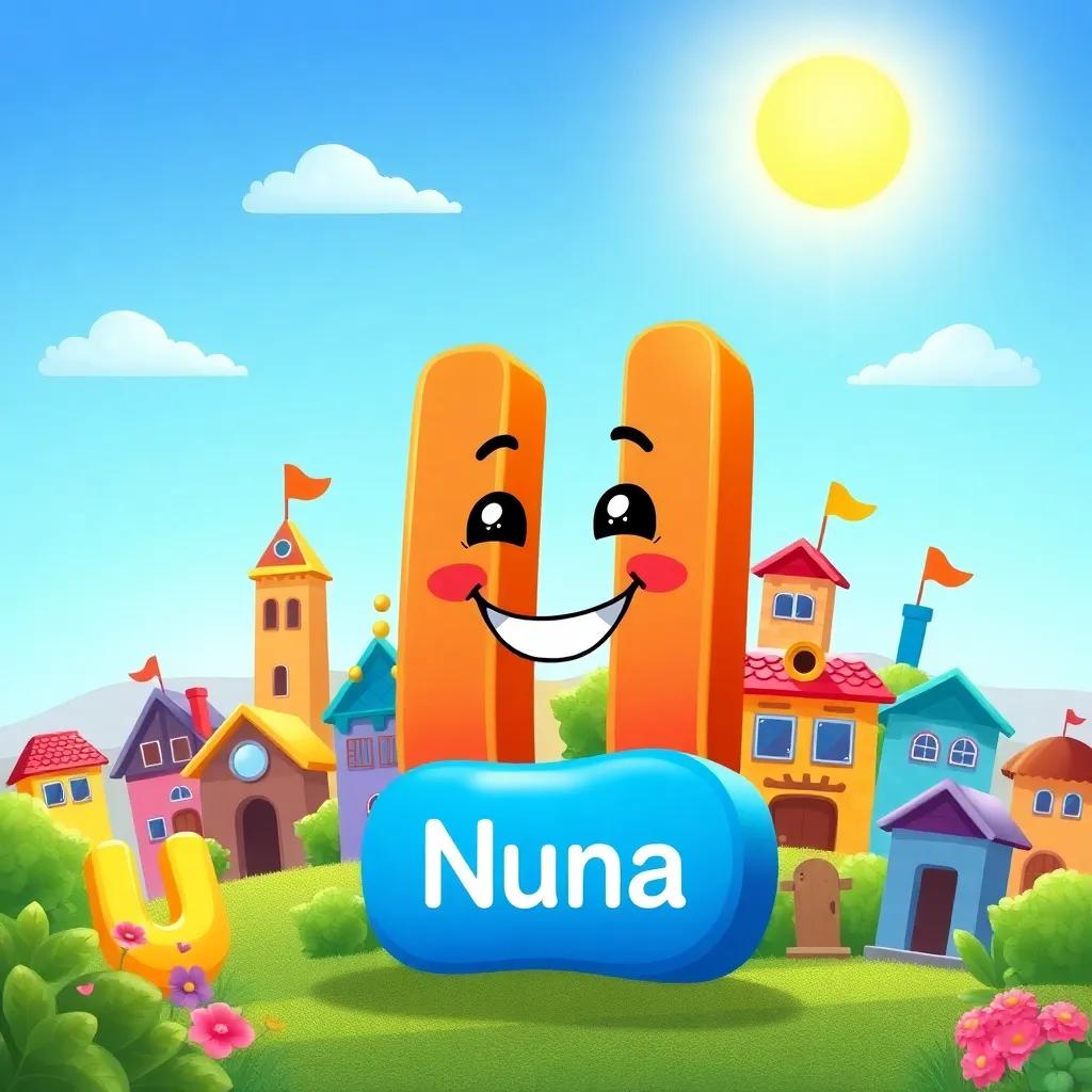 A cute Arabic letter, Nuna, with a big smile, surrounded by other letters in a colorful village, sun shining brightly in the blue sky, cheerful atmosphere, digital art, vibrant colors, welcoming scene, high quality