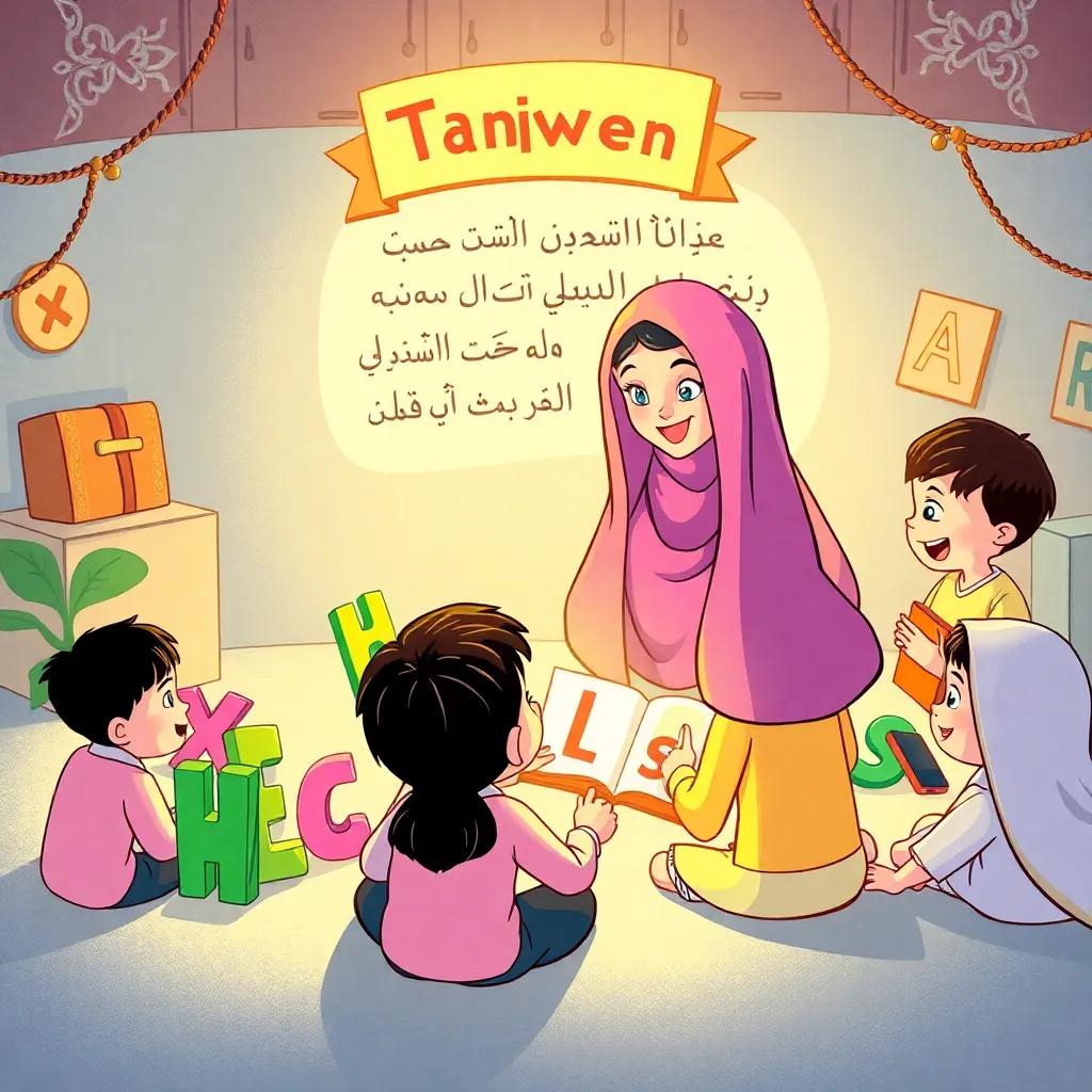 A lively scene with Arabic letters gathered around Nuna, learning about Tanween, showing excitement and curiosity, educational environment, bright and warm lighting, detailed illustration, child-friendly