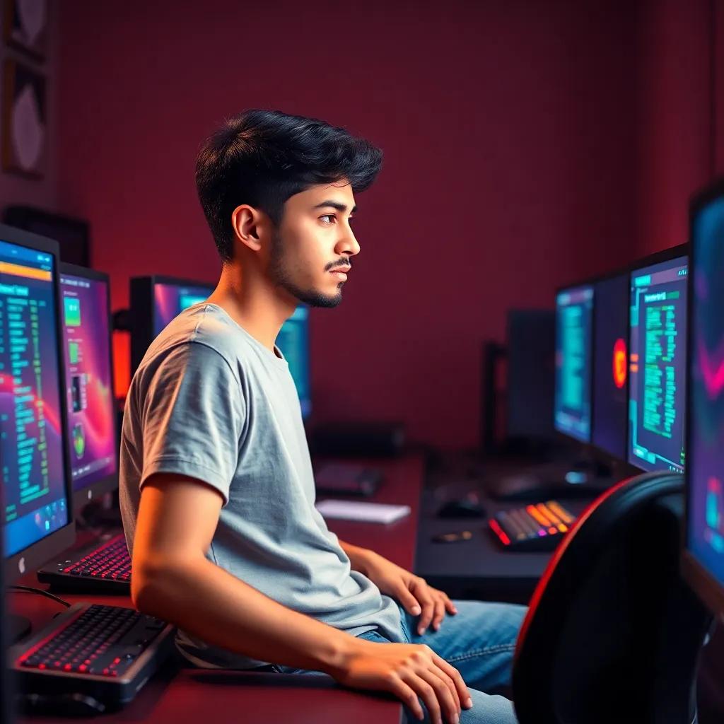 A young Arab boy, Ali, with short black hair, wearing a t-shirt and jeans, sitting at a desk full of computers with glowing screens, focused on coding, digital art, vibrant colors, energetic atmosphere, high quality