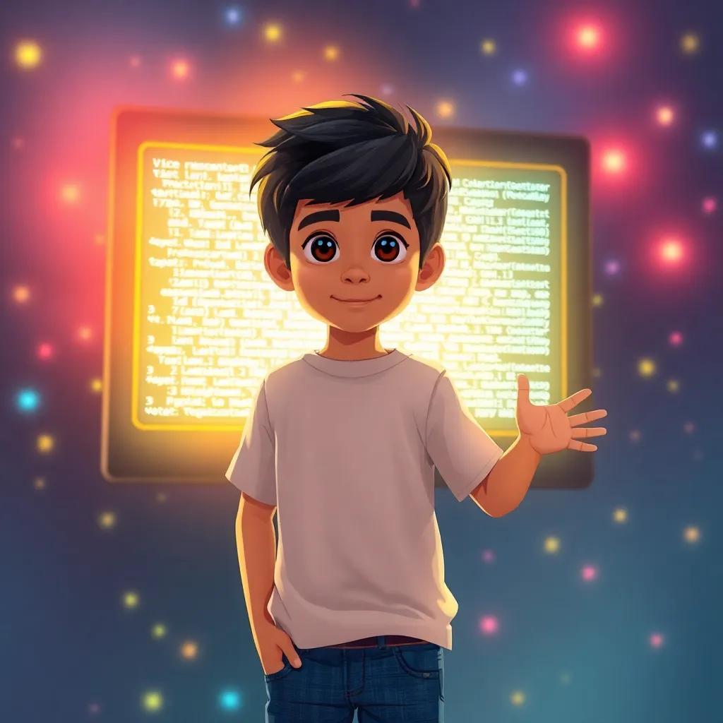 Ali, a young Arab boy with short black hair in a t-shirt and jeans, interacting with a bright computer screen displaying mysterious code, surrounded by colorful lights, illustration, adventurous, engaging scene, child-friendly