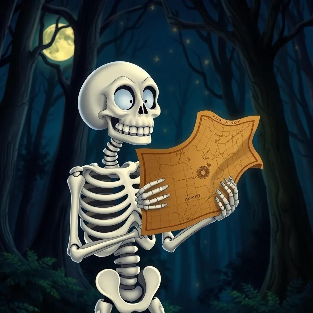 A skeleton named Sami, showing excitement, holding an ancient map in a dark forest at night with stars shining, whimsical art, glowing moonlight, magical atmosphere, detailed illustration, high quality