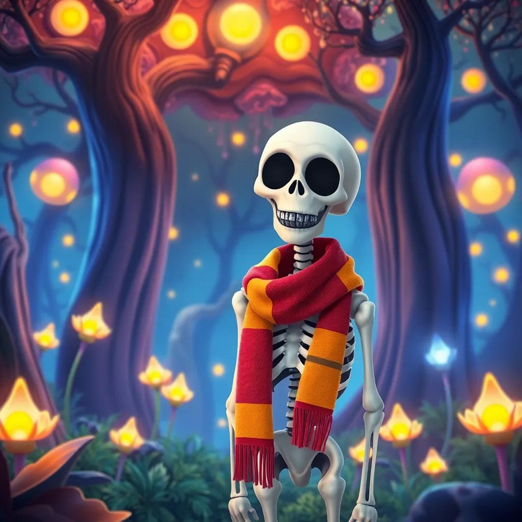 A cheerful skeleton named Leila, wearing a colorful scarf, standing beside Sami, surrounded by mystical trees and glowing plants, friendly vibe, vibrant colors, engaging scene, enchanting art, high quality