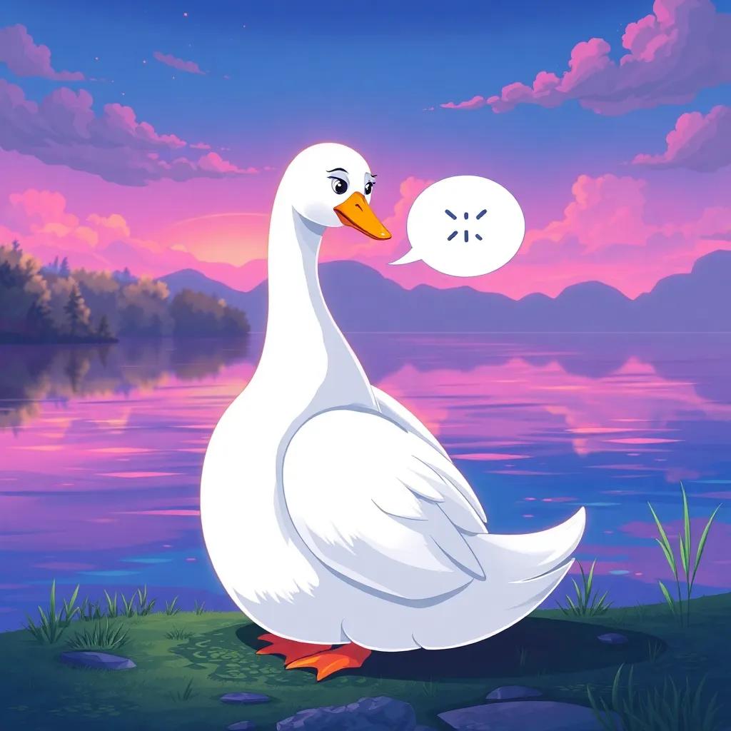 A beautiful white goose, Lulo, sitting alone by a pond, talking to herself with a worried expression, vibrant colors, cheerful atmosphere, digital illustration, high quality