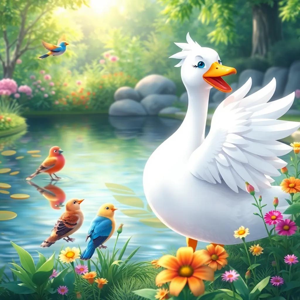 Lulo, the beautiful white goose, singing joyfully by the pond with colorful birds listening, surrounded by greenery and flowers, bright sunlight, playful scene, detailed art, inviting and fun