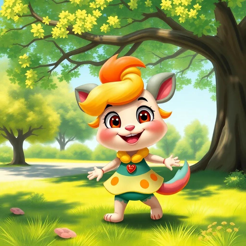 A happy character, الوو, a cute cartoon creature with big round eyes and a colorful outfit, playing in a sunny park with green grass and a big tree, digital art, bright colors, cheerful atmosphere, high quality
