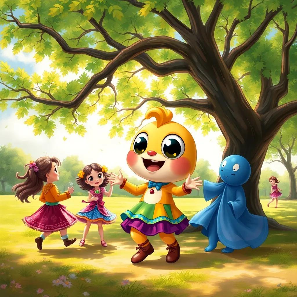 الوو, a cute cartoon creature with big round eyes and colorful outfit, dancing with friends in a sunny park under a big tree, joyful atmosphere, vibrant colors, cheerful art style, high quality