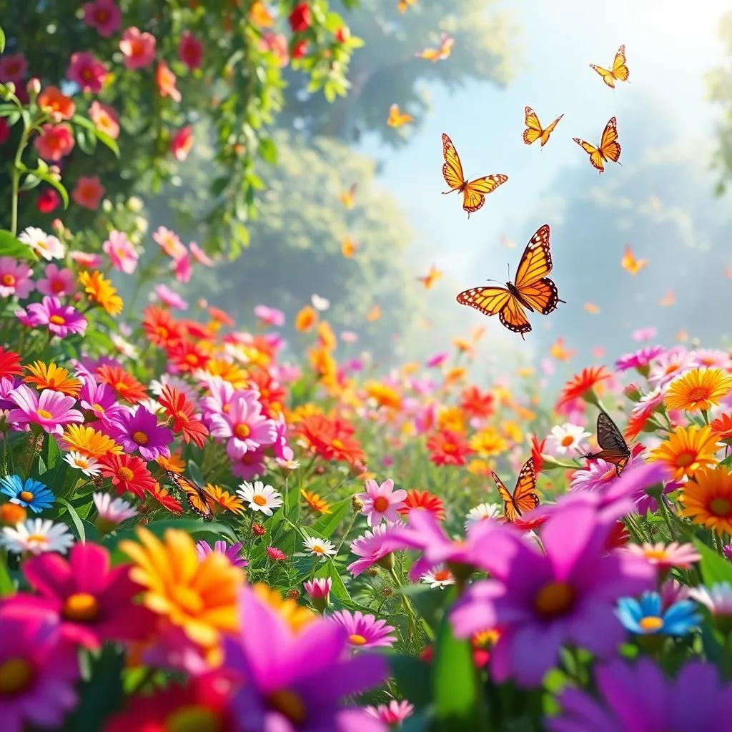 A magical garden filled with colorful flowers where Qamar first lands, butterflies fluttering around him, bright sunlight, vibrant colors, enchanting atmosphere, high quality