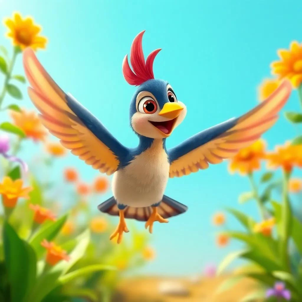 A curious little bird named Toto flying towards Qamar in the garden, cheerful expression, colorful feathers, bright background, playful and friendly tone, high quality