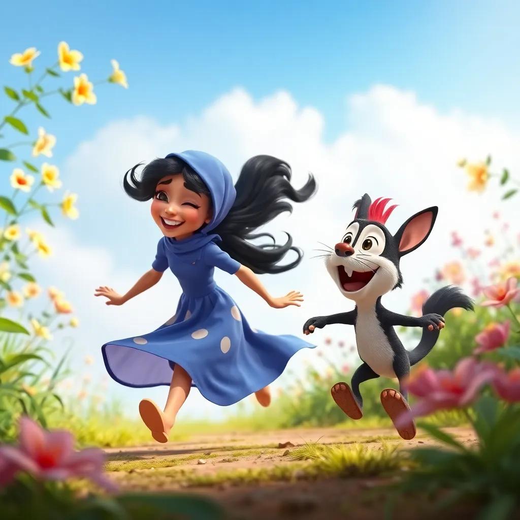 Qamar and Toto playing together in the garden, running and laughing, flowers swaying in the breeze, joy-filled scene, colorful and fun, high quality