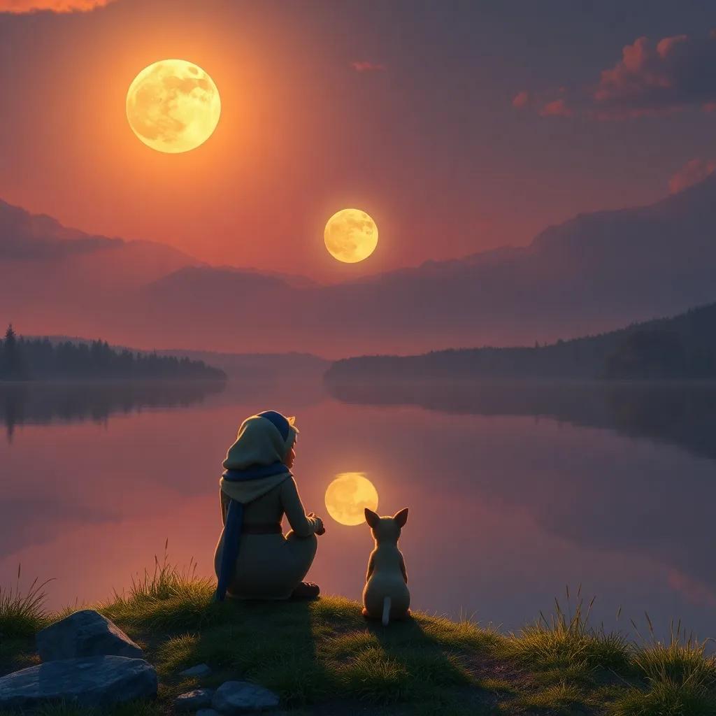 A picturesque lakeside scene at sunset, where Qamar and Toto are enjoying the reflection of the moon in the water, warm light, inviting atmosphere, high quality