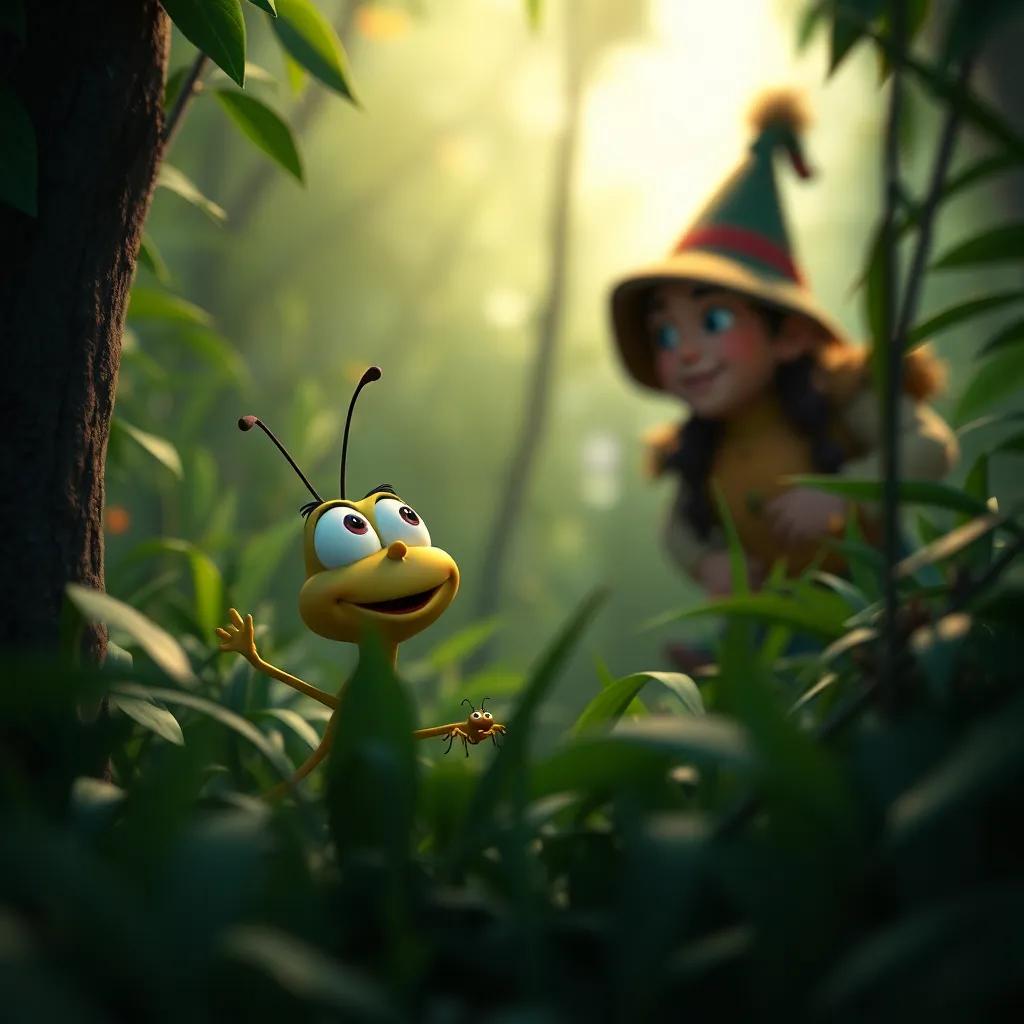 A surprised Jiminy Cricket trapped in bushes, looking up at Qamar and Toto, tension-filled moment, lively colors, dramatic framing, high quality