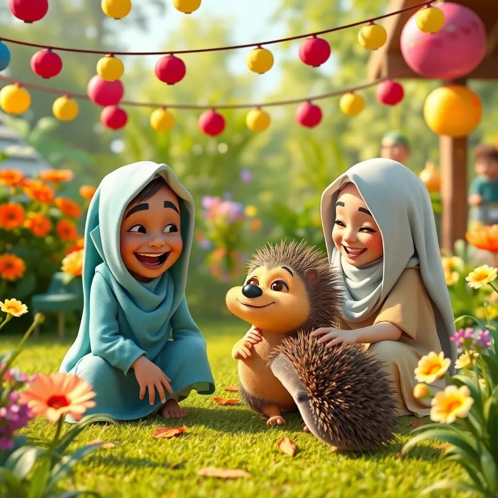 Qamar, Toto, and the freed Hedgehog happily celebrating their friendship in the garden, smiles and laughter, colorful decorations, joyful ambiance, high quality