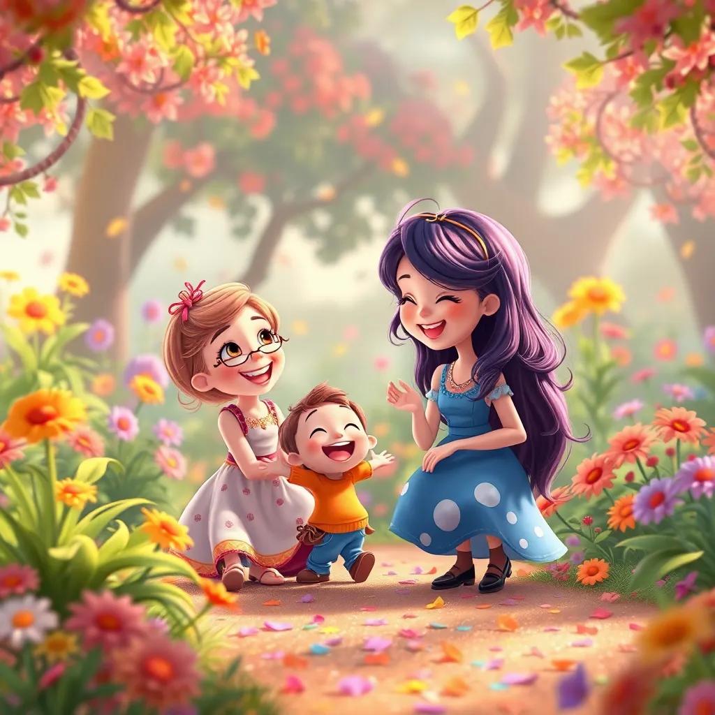The enchanting garden filled with laughter and fun, as they play together, vibrant colors scattered everywhere, whimsical and dreamy setting, high quality