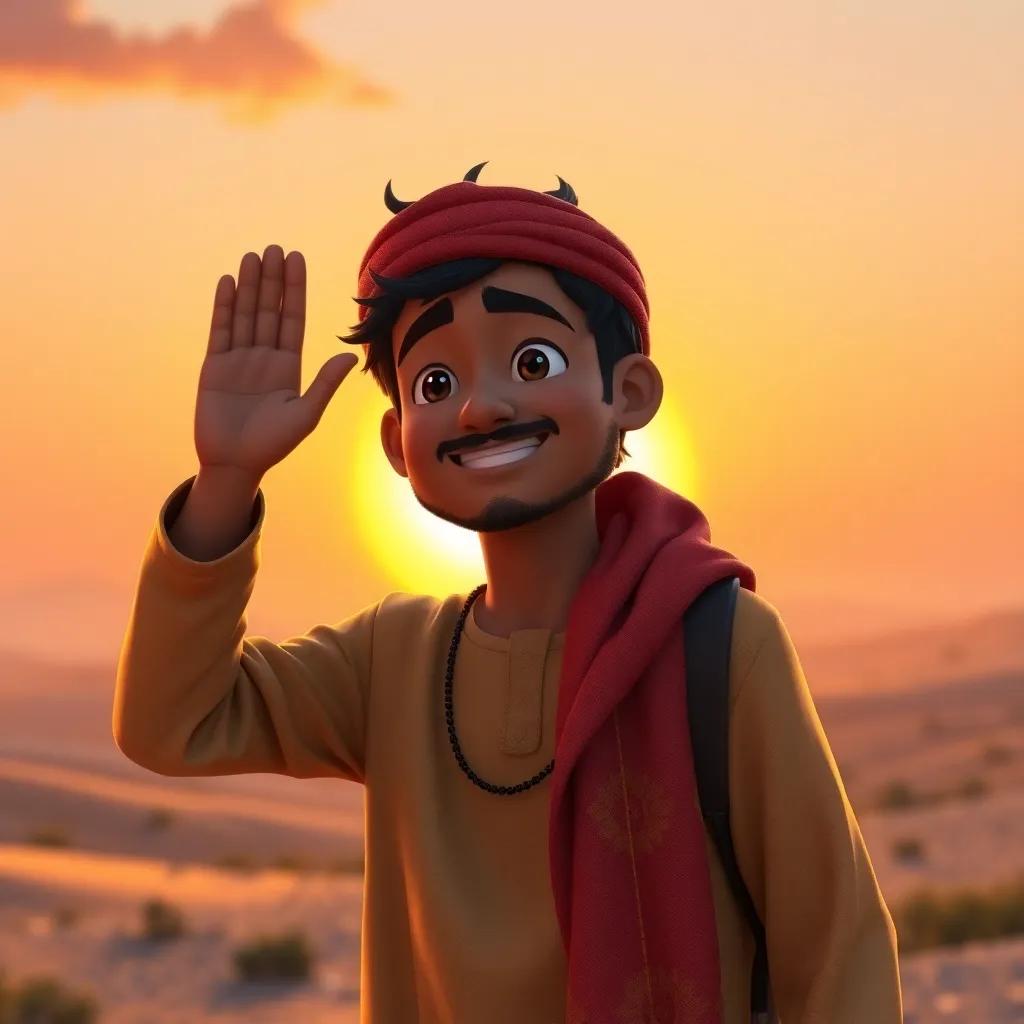 Qamar waving goodbye to his friends, the sun setting behind him with a promise to return, warm hues, heartfelt farewell, high quality