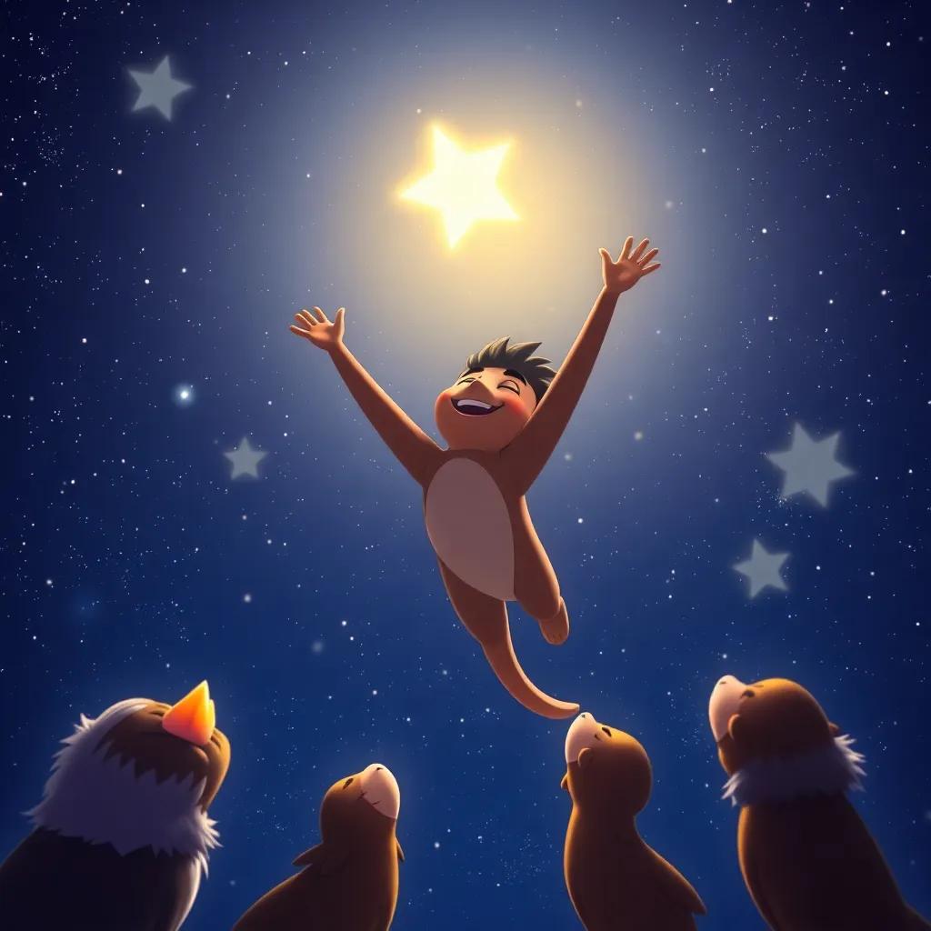 A happy Qamar soaring back to the night sky with twinkling stars, looking down at his friends with joy, starry backdrop, uplifting and magical scene, high quality