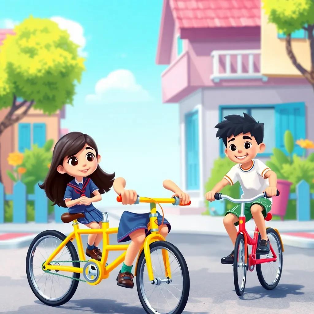 A sunny day with two children, A young Arab girl, Ayeh, with long, dark hair wearing a school uniform, and a young Arab boy, Abdullah, with short black hair wearing a t-shirt and shorts, riding bright bicycles in a cheerful neighborhood, detailed digital art, vibrant colors, playful atmosphere, high quality