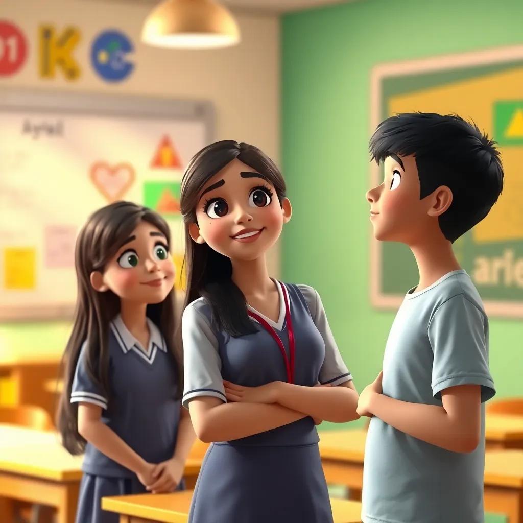 A teacher standing in front of a classroom, smiling at Ayeh, a young Arab girl with long, dark hair in a school uniform, and Abdullah, a young Arab boy with short black hair in a t-shirt, listening attentively, colorful classroom setting, warm light, engaging mood, high quality