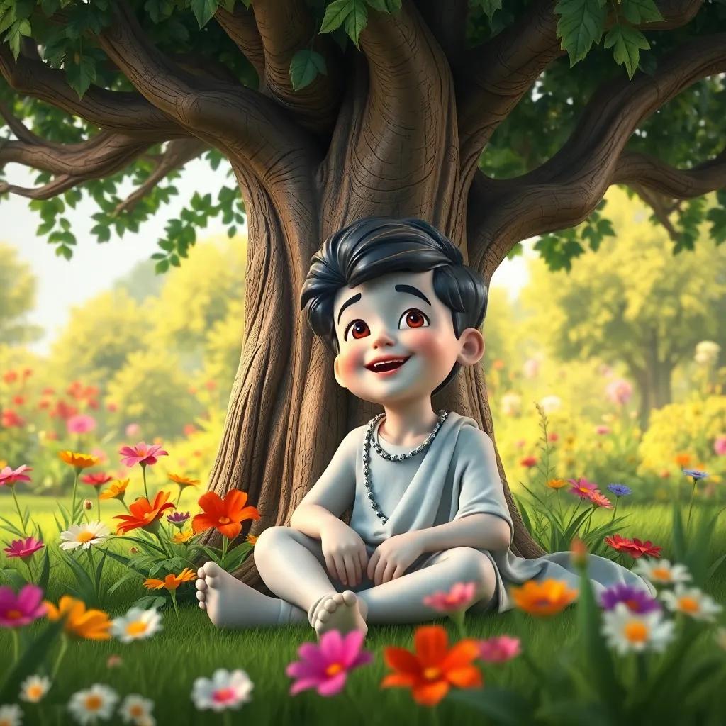 A brave boy, Eyo, sitting under a big tree in his village garden, talking enthusiastically, colorful flowers around him, digital art, cheerful colors, inviting atmosphere, high quality