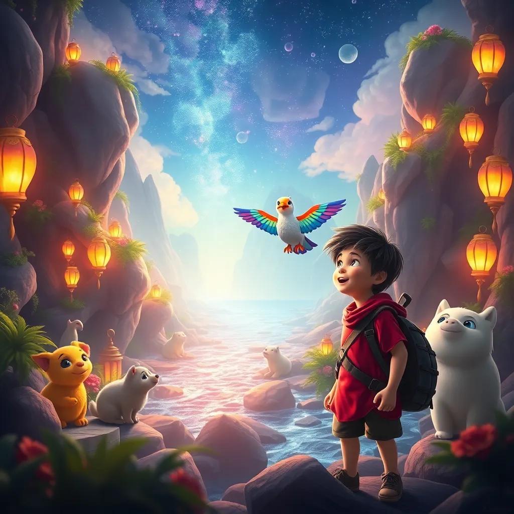 Eyo, the brave boy, exploring a magical land with a rainbow bird, talking animals around, sparkling rivers and glowing lanterns, adventure-themed, vibrant colors, joyful scene, high quality