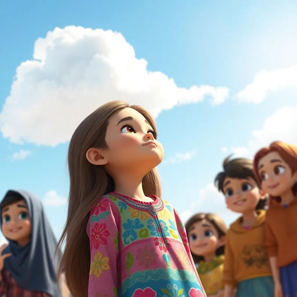A young Arabic girl, ا, with long brown hair and colorful dress, looking up at a big fluffy cloud in the sky, surrounded by her friends, bright daylight, cheerful atmosphere, high quality