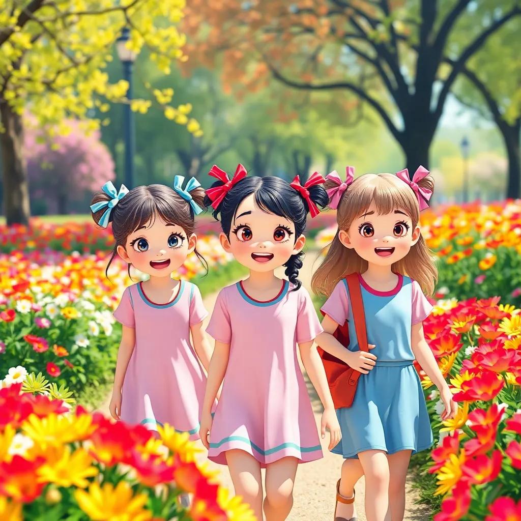 Three girls, including ا, with colorful ribbons in their hair, walking in a beautiful park filled with multicolored flowers, excited expressions, sunny day, vibrant colors, close-up