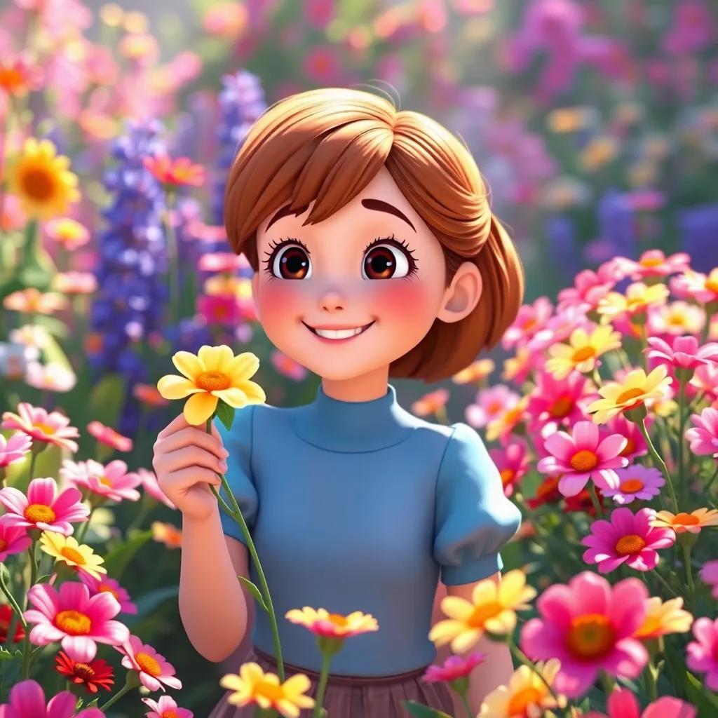 ا with a happy face, admiring the colorful flowers in a blooming garden, holding a flower gently in her hand, bright lighting, cheerful, high quality
