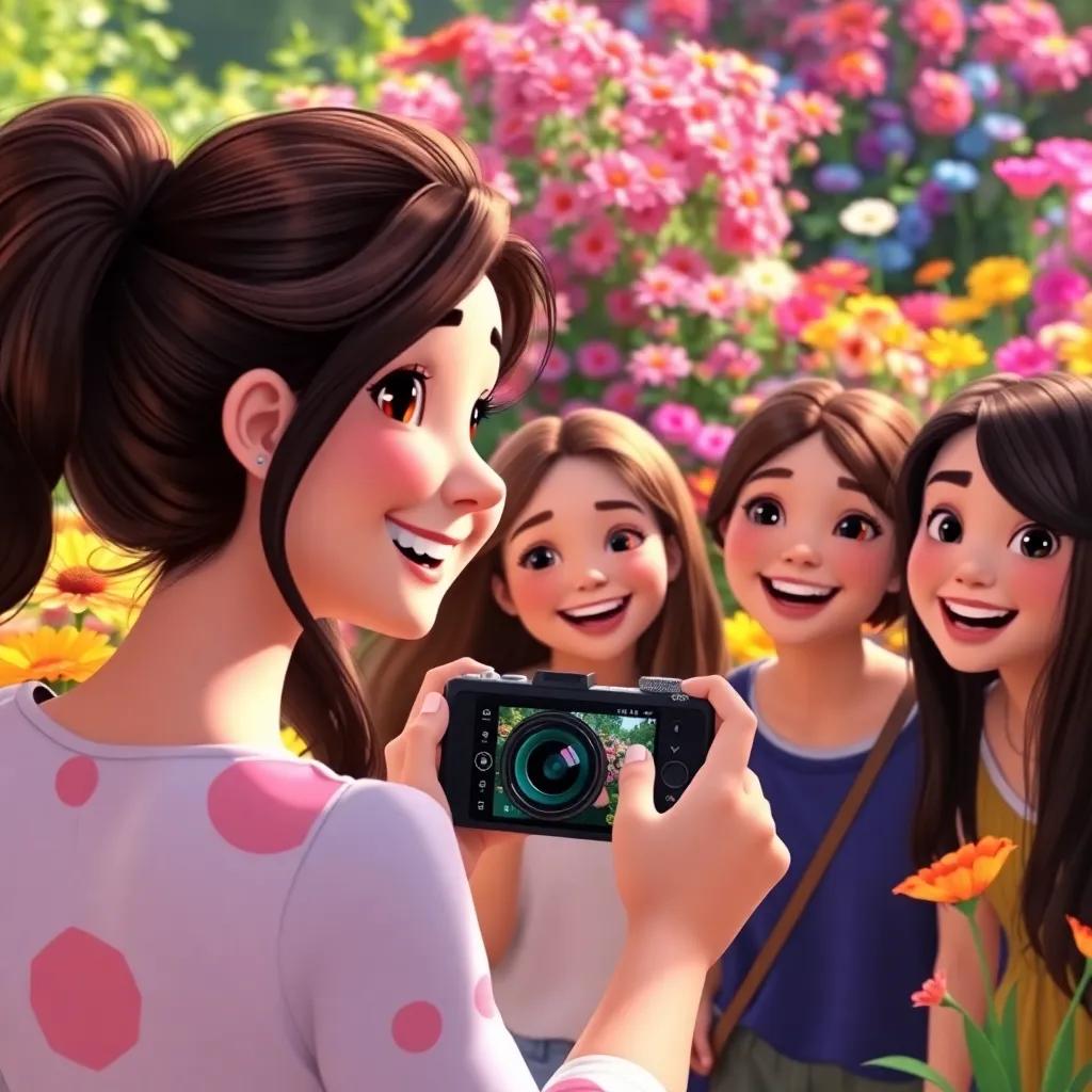 ا, looking at a camera while her friends take a picture of the beautiful garden, big smiles on their faces, colorful flowers in the background, focus on joy and friendship, cheerful atmosphere