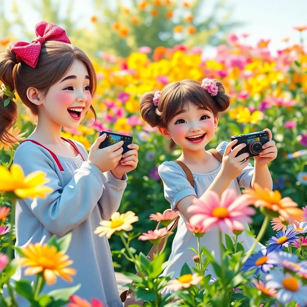 The girls capturing the beauty of flowers in pictures, laughter and joy evident on their faces, the garden bursting with colors, bright and lively scene, high quality