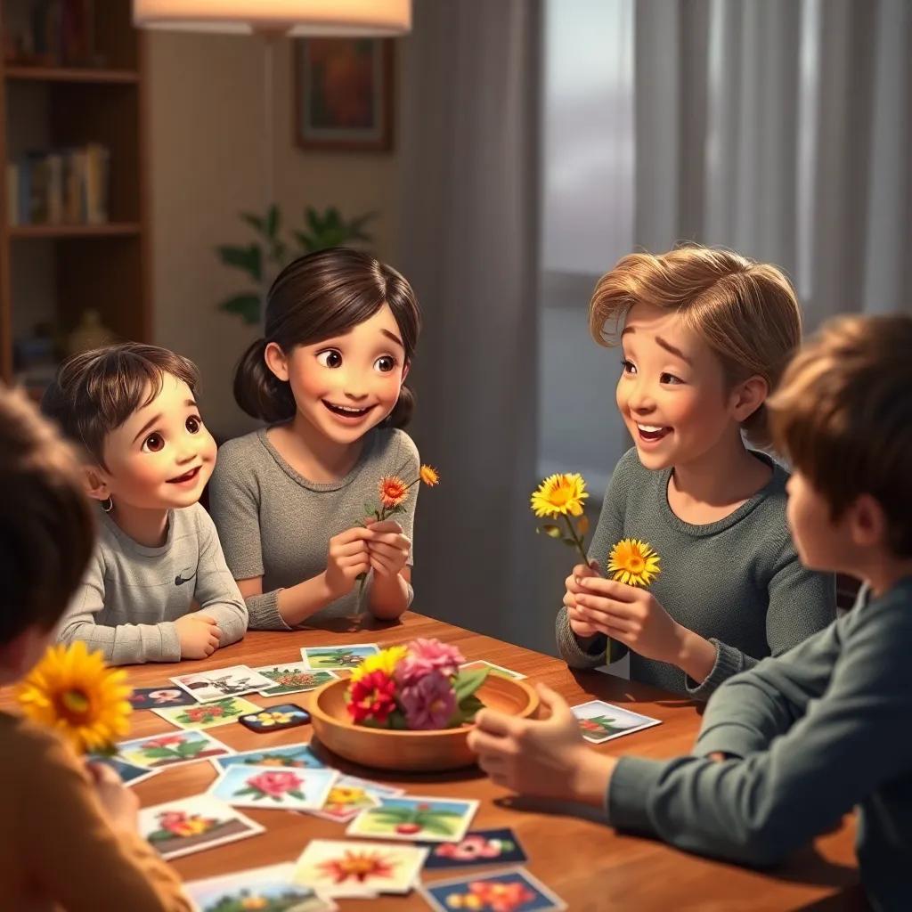 ا showing her family the pictures of flowers, sitting at the family table, excitement on their faces, colorful pictures scattered on the table, warm lighting, inviting