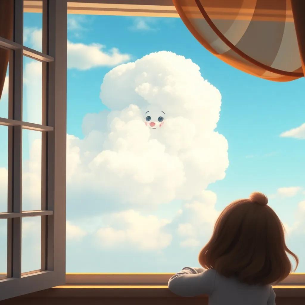 The view of the fluffy cloud in the sky, resembling a friendly creature, as ا looks at it from her window, filled with wonder and imagination, peaceful atmosphere, highly detailed