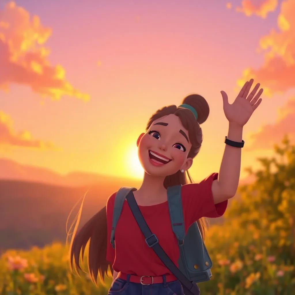 A beautiful sunset in the background as ا smiles and waves to her friends, filled with joy and excitement about their day, warm colors, high quality