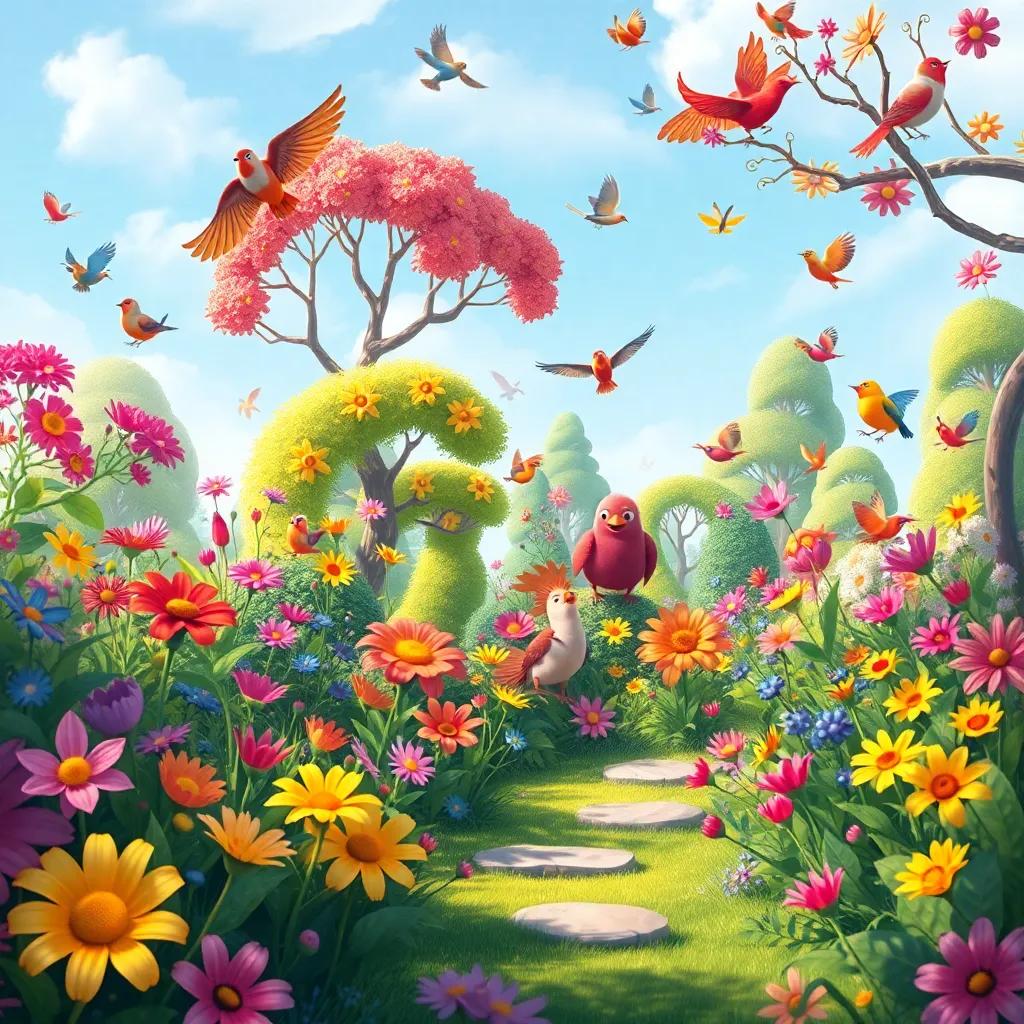 A vibrant and colorful scene showing a garden filled with flowers, birds, and trees, showcasing fun and adventure, child-friendly, whimsical appeal, high-quality digital painting.