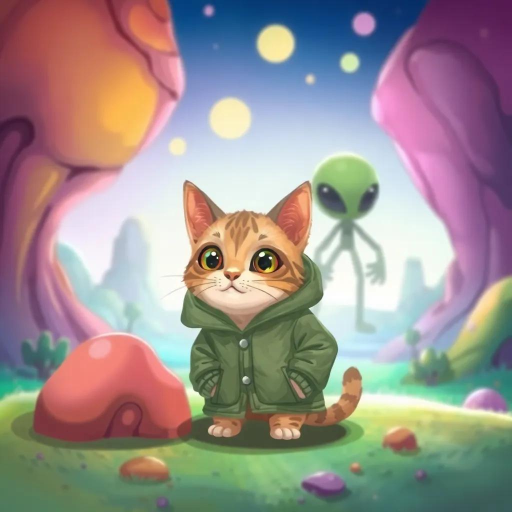 A small cat named Bas Kut, wearing a large jacket that can be used as a coat, hiding from a strange alien creature in a colorful, vibrant alien landscape, digital art, bright colors, whimsical atmosphere, high quality