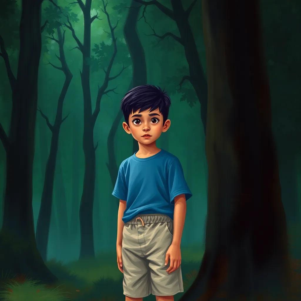 A young Arab boy, Bashir, with short black hair, wearing a blue t-shirt and beige shorts, looking surprised behind dark trees in a shadowy forest, digital art, mystical atmosphere, rich green and dark tones, focused view, vivid details
