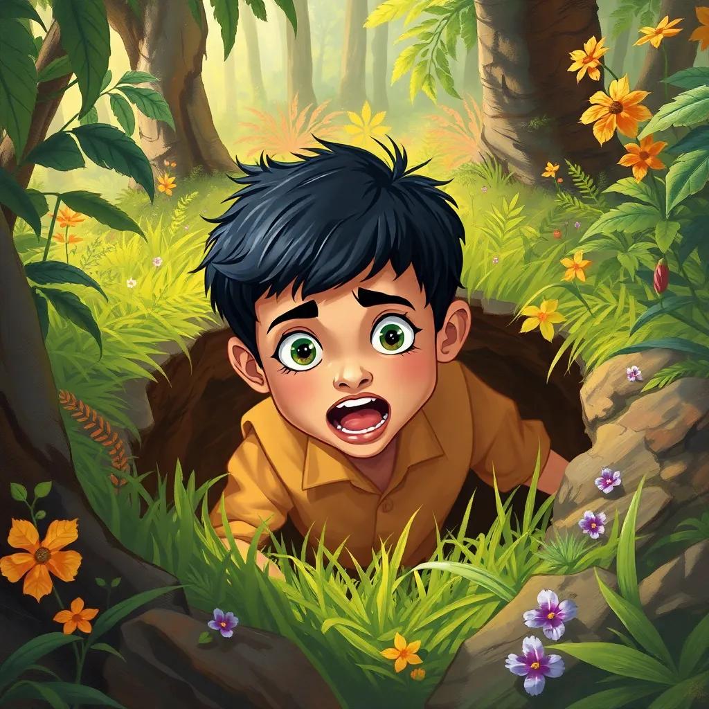 Bashir, a young Arab boy with short black hair, falling into a hidden pit covered with grass, with startled expression, colorful forest plants around, illustration, adventure-themed, cheerful lighting, medium shot