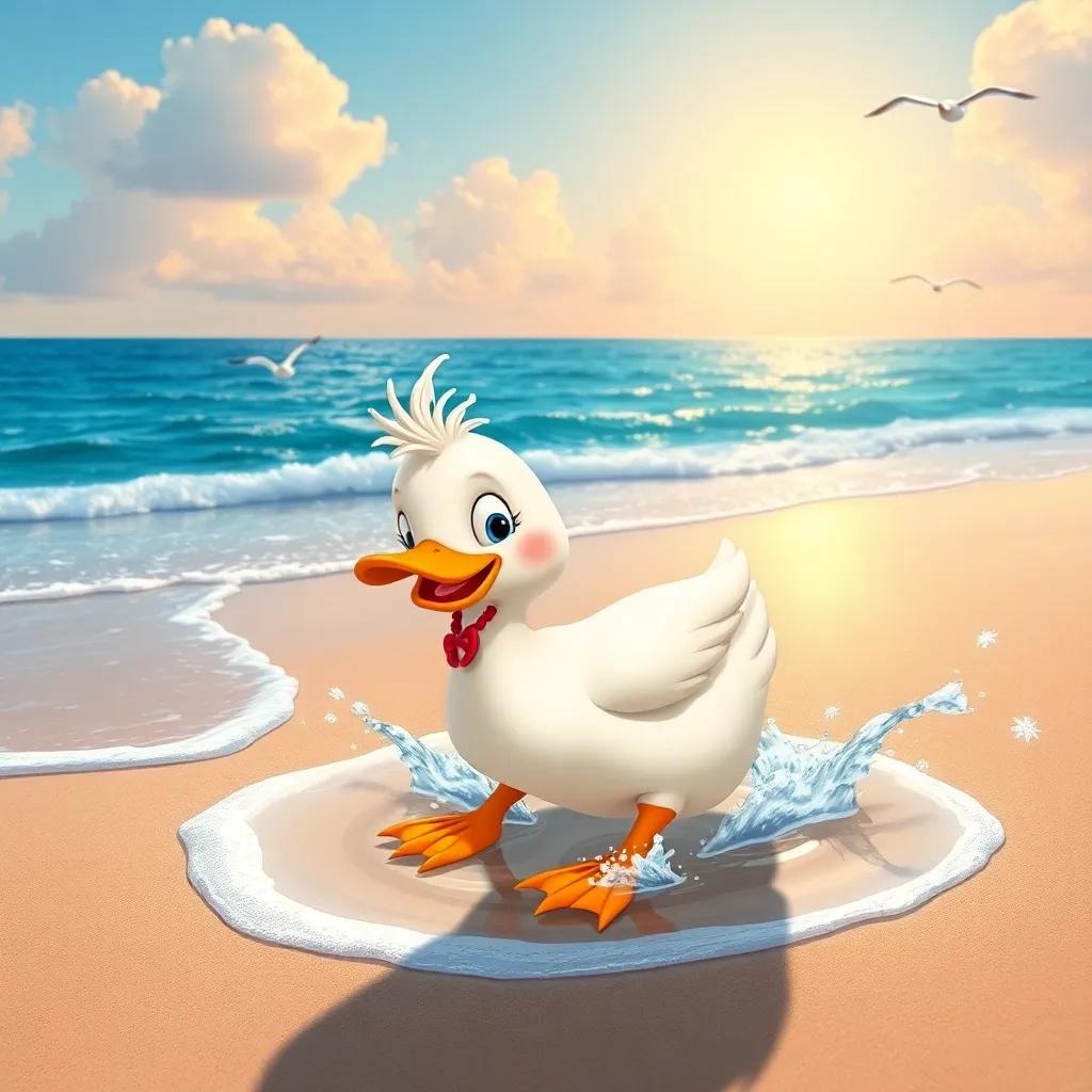 A cheerful duck named Lolo, playing in a sandy beach with water splashing around her, glistening ocean under the sun, colorful beach with seagulls in the sky, digital art, vibrant colors, joyful atmosphere, high quality