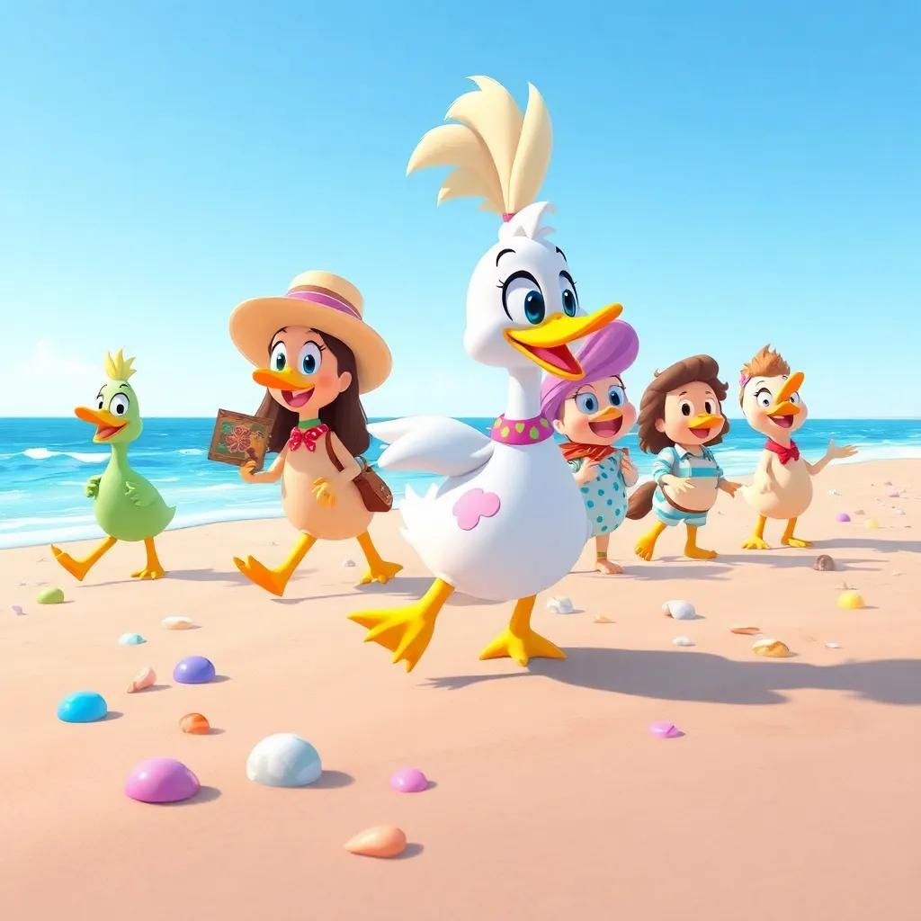 Lolo the duck, leading her friends in a treasure hunt on the sandy beach, friends excitedly searching for colorful shells and shiny stones, cheerful beach scene with bright blue sky, illustration, lively, adventure-filled, child-friendly