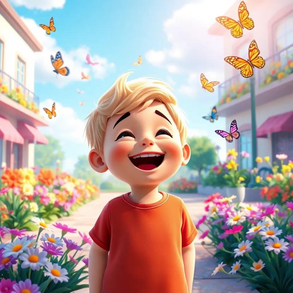 A happy young boy, Bon Bon, with light hair and a round, cheerful face, joyfully singing and playing in a sunlit square with colorful flowers and butterflies, digital art, vibrant colors, cheerful atmosphere, high quality