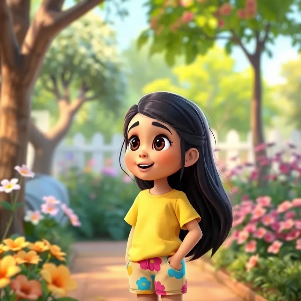 A young Arab girl, Bilsan, with long, dark hair, wearing a bright t-shirt and colorful shorts, looking surprised in a garden with flowers and trees, cartoon style, cheerful atmosphere, vibrant colors, joyful interaction, friendly environment