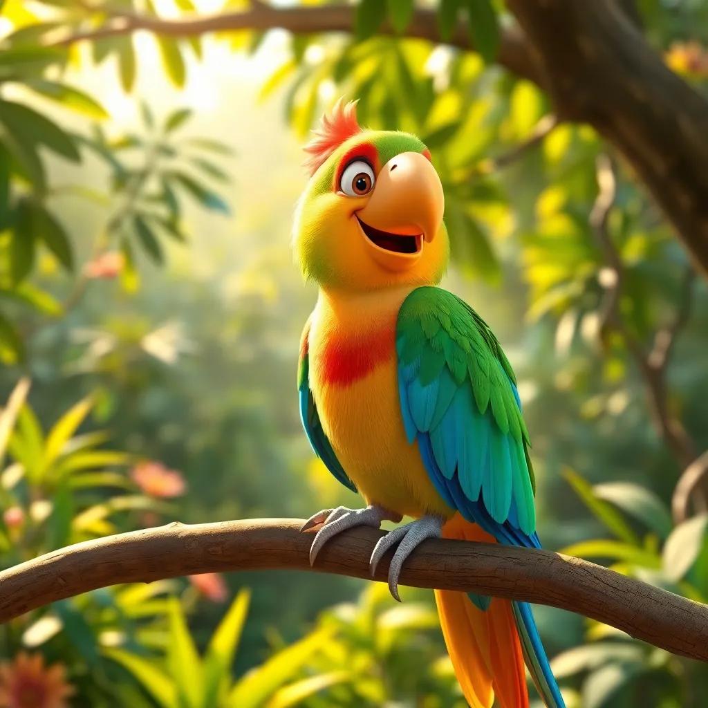 A colorful parrot, Koko, perched on a tree branch in a lush garden, with bright feathers of green, blue, and red, looking lively and intelligent, digital illustration, warm sunlight, playful mood, engaging character