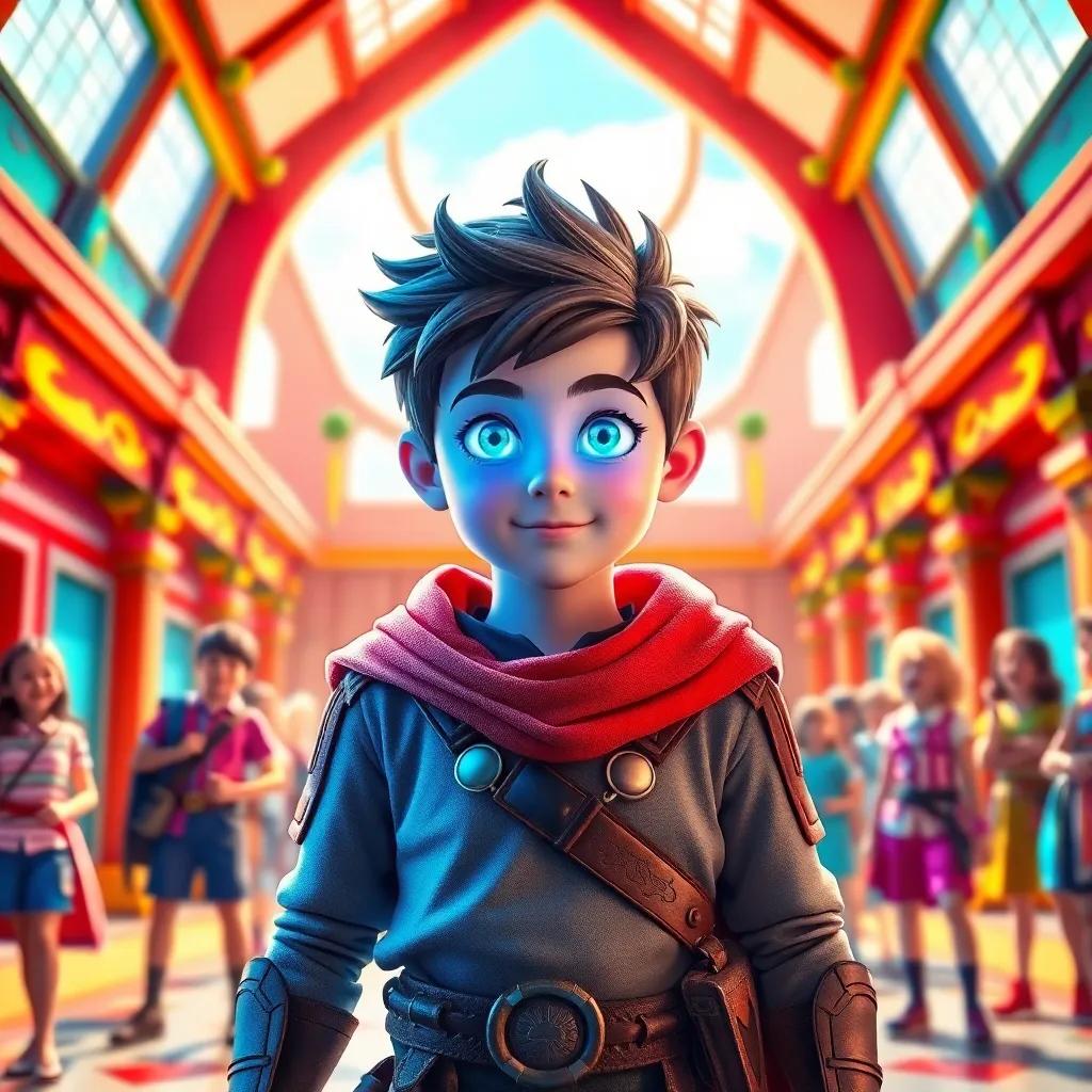 A young boy, Pier, with magical glowing eyes, standing proudly in a colorful academy, wearing a warrior outfit, surrounded by excited friends, bright sunny sky, digital art, vibrant colors, cheerful atmosphere, high quality