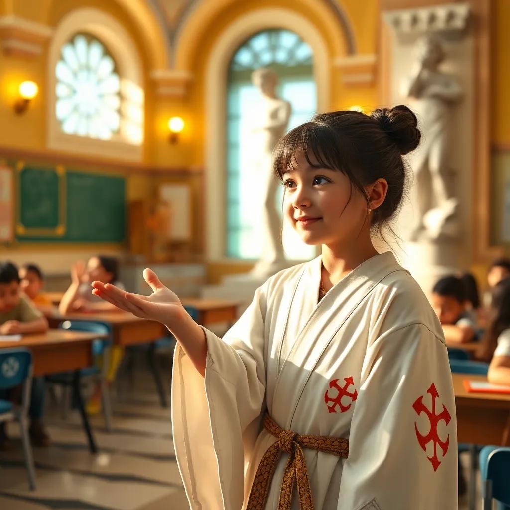 A young girl, Tomiko, with magical healing powers, encouraging Pier in a lively classroom, wearing a robe with magical symbols, warm light, bright colors, engaging and supportive environment, high quality