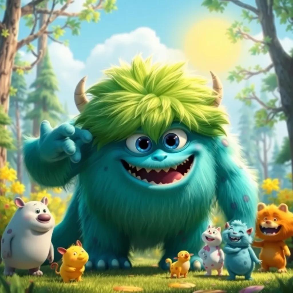 A big monster with thick green hair and blue eyes playing in a sunny forest with friends, digital art, vibrant colors, cheerful atmosphere, high quality