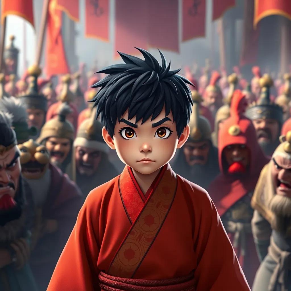 A young Asian boy, تشو فان, with black hair wearing a traditional robe, standing confidently in a vibrant gathering of clans, with angry faces surrounding him, digital art, bright colors, intense atmosphere, high quality