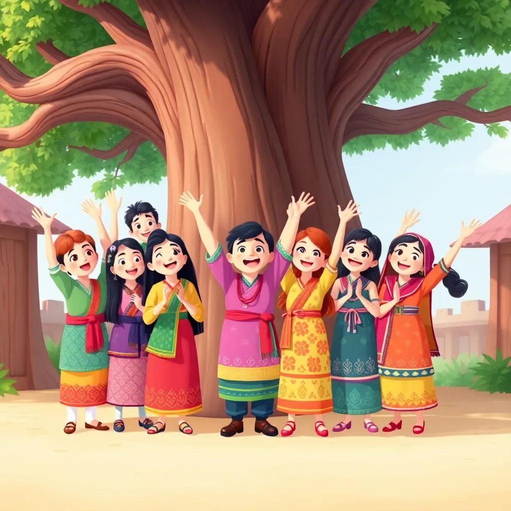 A group of friends, cheering and supporting تشو فان, all wearing colorful traditional outfits, standing under a large tree, joyful expressions, cheerful surroundings, illustration, festive and friendly, child-friendly