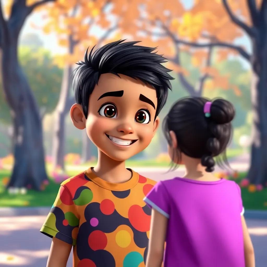 A young Arab boy, Tamam, with short black hair, wearing a colorful t-shirt, smiling while inviting a girl to play in a bright park with trees and flowers, cheerful atmosphere, vibrant colors, child-friendly, playful view