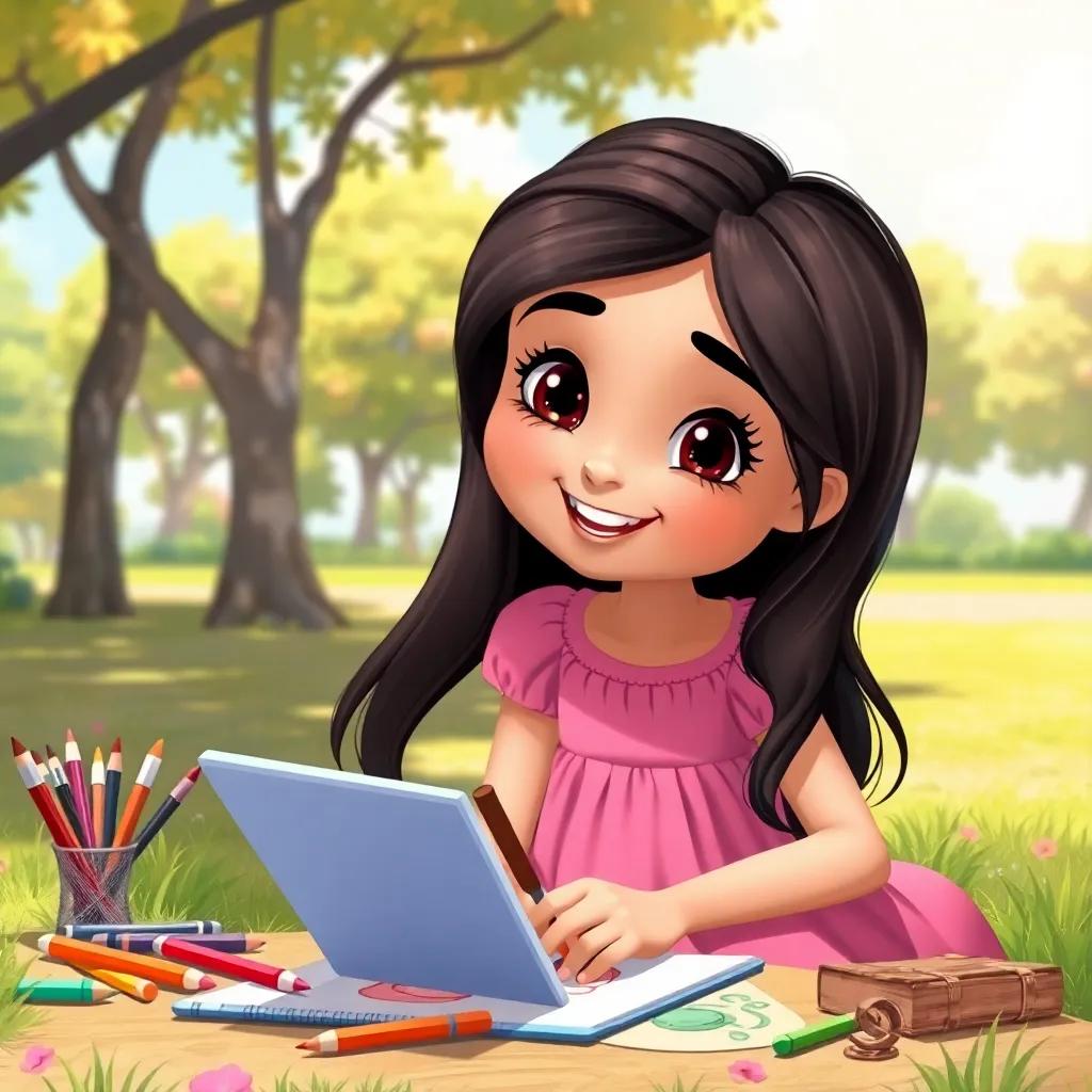 A young Arab girl, Salma, with long dark hair wearing a pink dress, happily drawing a colorful picture in the park, surrounded by drawing materials and a sunny sky, joyful scene, bright colors, inviting atmosphere, child-friendly