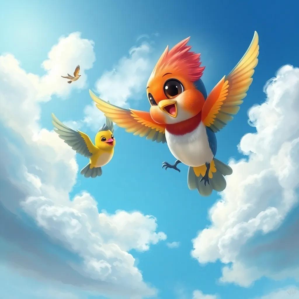 A small bird named Toto, colorful feathers, with bright eyes, flying joyfully with friends in a clear blue sky, surrounded by fluffy clouds, digital art, cheerful, vibrant colors, high quality
